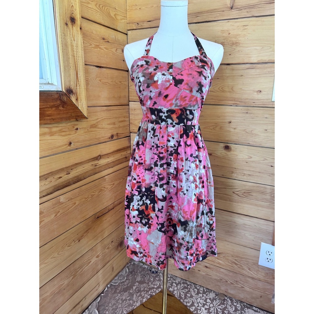 Vintage Silk Halter Sweetheart Mini Dress Pink Abstract Floral BCBGMAXAZRIA